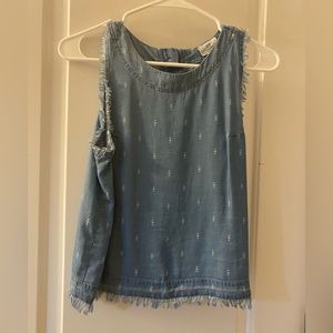 Blue tank with small white print